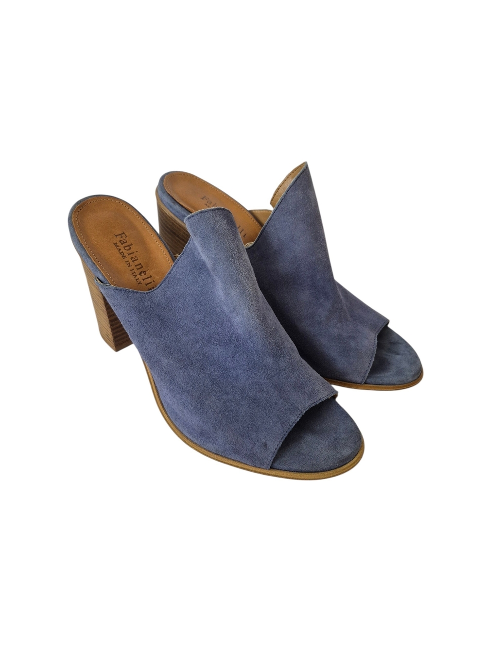 Fabianelli Italy Blue Suede Peep Toe Heeled Mules 7.5 - Picture 3 of 11